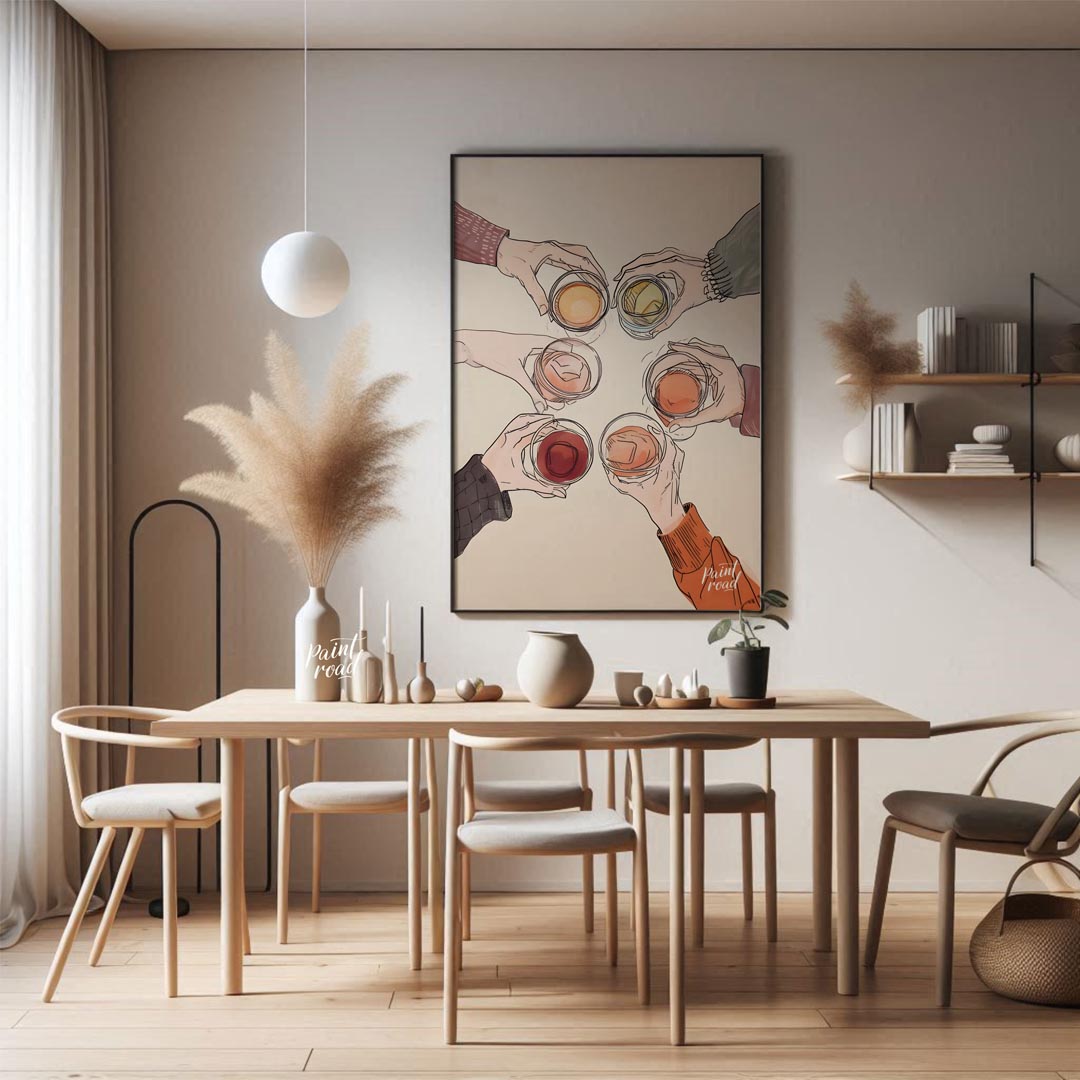 A vibrant still life painting captures the essence of spring. A glass of wine rests on a table ador… for dining room