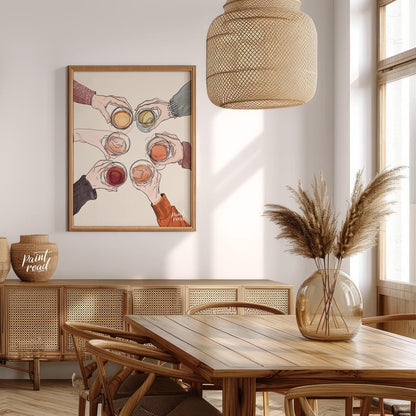 A vibrant still life painting captures the essence of spring. A glass of wine rests on a table ador… for dining room