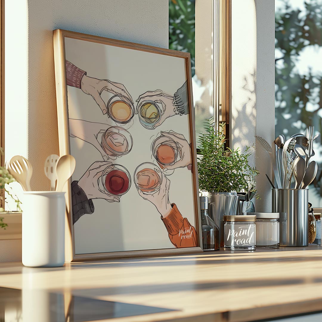 A vibrant still life painting captures the essence of spring. A glass of wine rests on a table ador… for kitchen