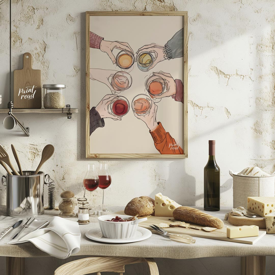 A vibrant still life painting captures the essence of spring. A glass of wine rests on a table ador… for kitchen