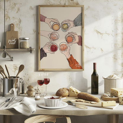 A vibrant still life painting captures the essence of spring. A glass of wine rests on a table ador… for kitchen