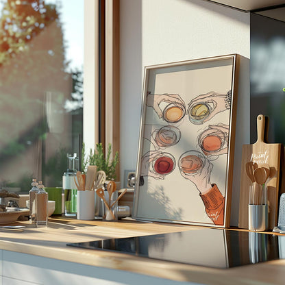 A vibrant still life painting captures the essence of spring. A glass of wine rests on a table ador… for kitchen
