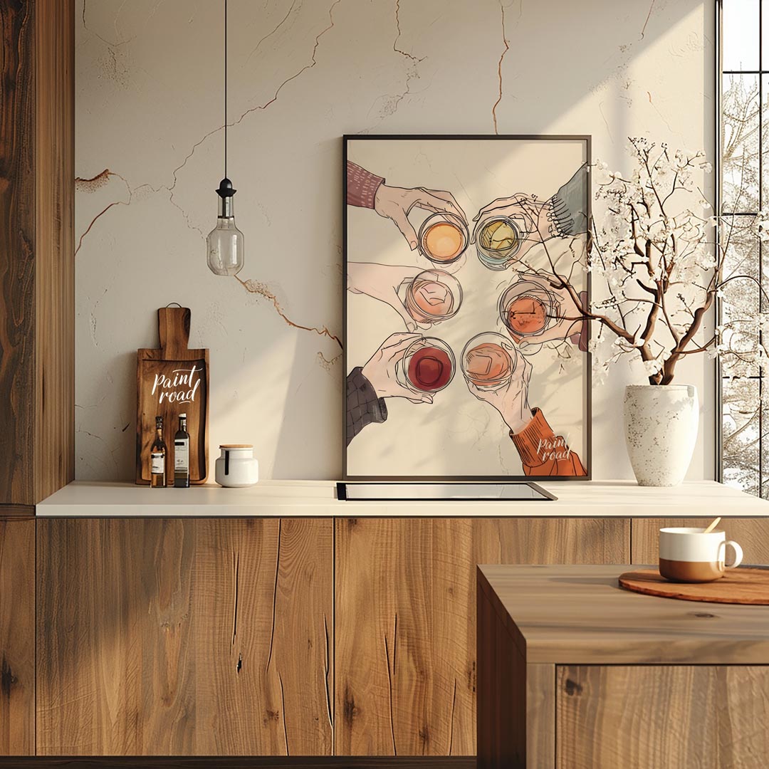 A vibrant still life painting captures the essence of spring. A glass of wine rests on a table ador… for kitchen