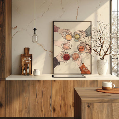 A vibrant still life painting captures the essence of spring. A glass of wine rests on a table ador… for kitchen
