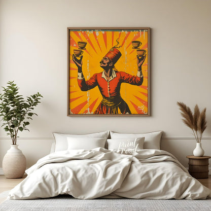 This vintage poster features a man in traditional Turkish attire balancing four cups of coffee on h… for bedroom