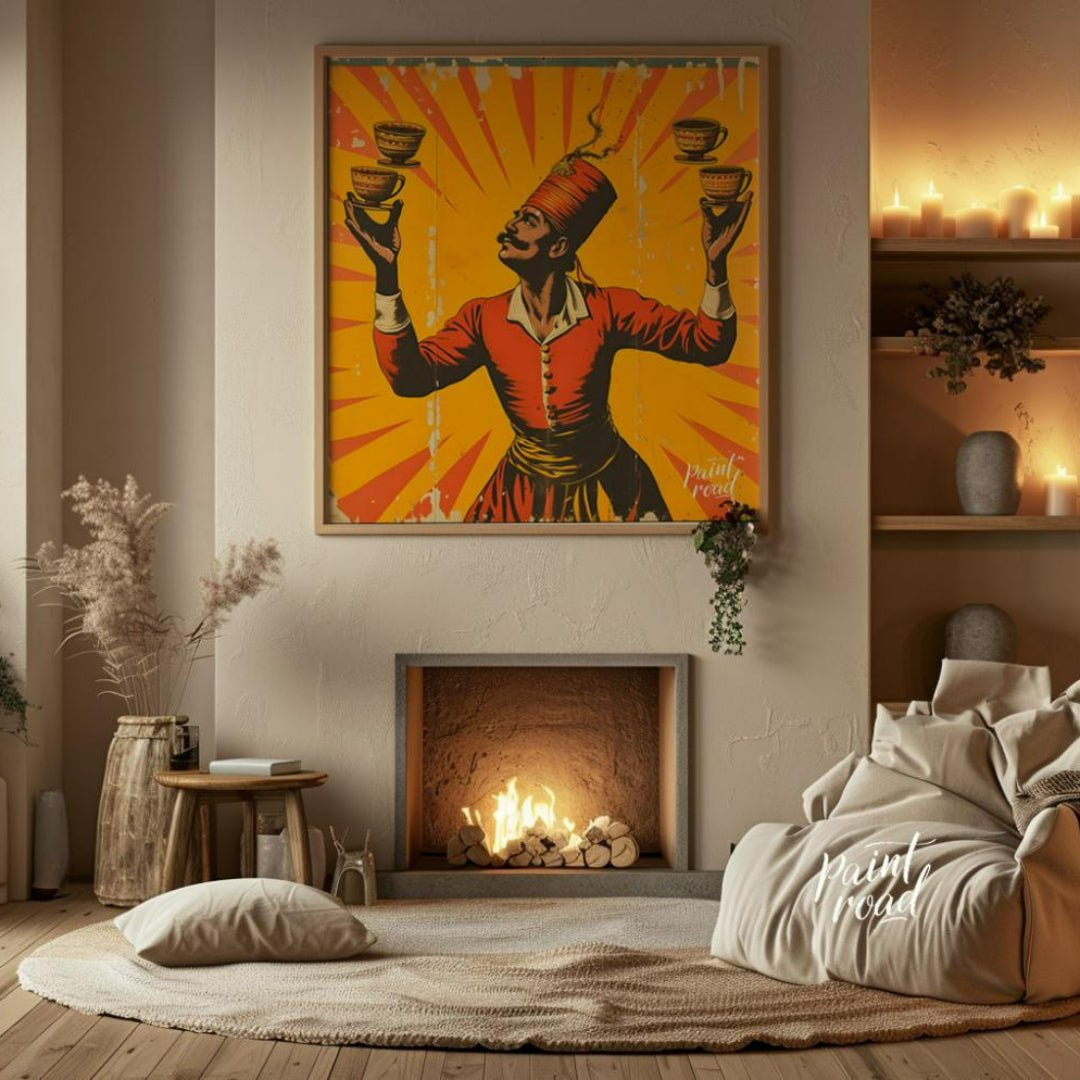 This vintage poster features a man in traditional Turkish attire balancing four cups of coffee on h… for living room
