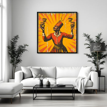 This vintage poster features a man in traditional Turkish attire balancing four cups of coffee on h… for living room