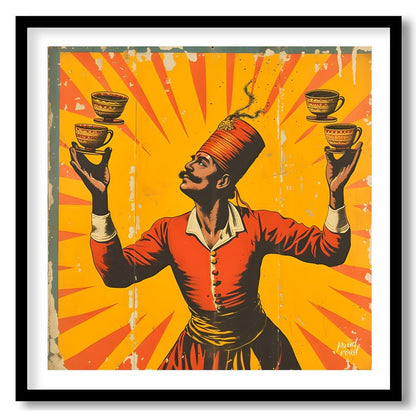 This vintage poster features a man in traditional Turkish attire balancing four cups of coffee on h… for place