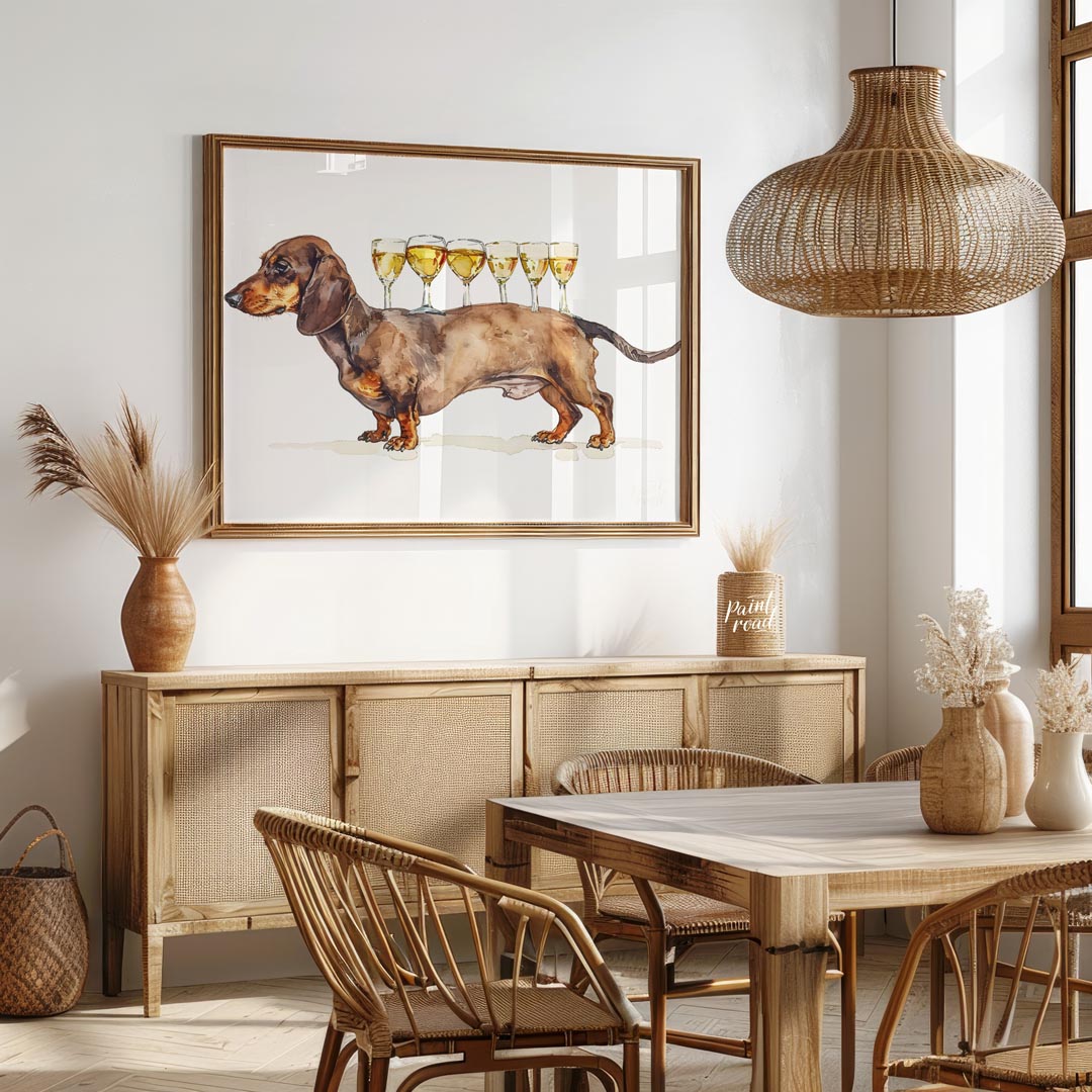 A whimsical watercolor painting featuring a dachshund proudly carrying a row of wine glasses on its… for dining room