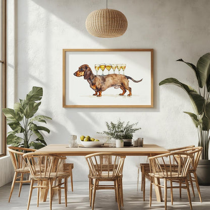 A whimsical watercolor painting featuring a dachshund proudly carrying a row of wine glasses on its… for dining room