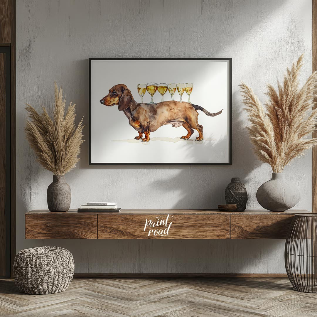 A whimsical watercolor painting featuring a dachshund proudly carrying a row of wine glasses on its… for hallway