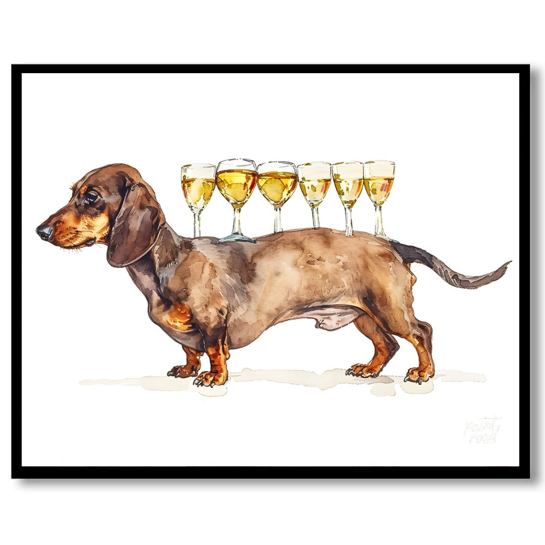 A whimsical watercolor painting featuring a dachshund proudly carrying a row of wine glasses on its… for house