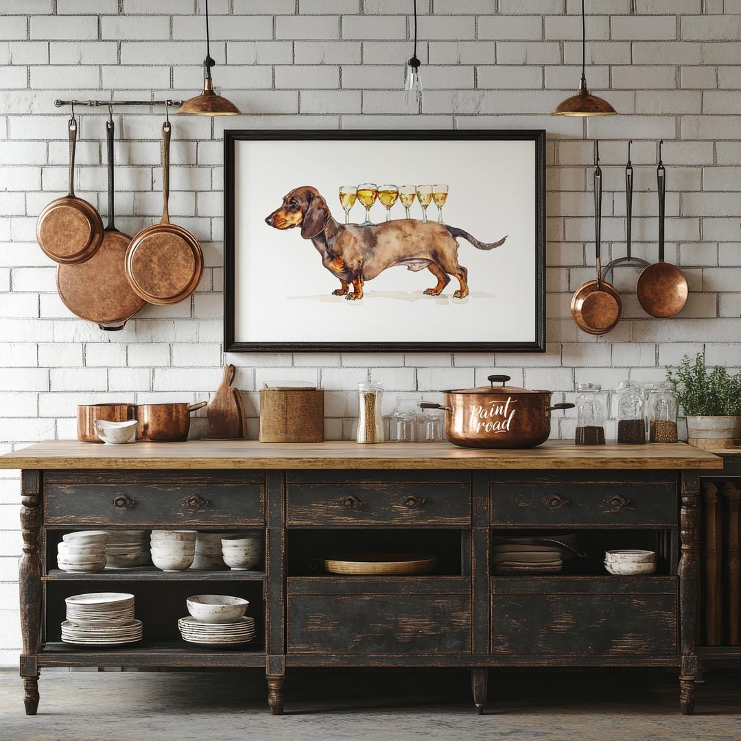 A whimsical watercolor painting featuring a dachshund proudly carrying a row of wine glasses on its… for kitchen