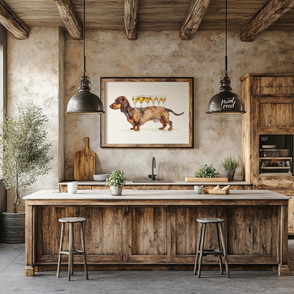 A whimsical watercolor painting featuring a dachshund proudly carrying a row of wine glasses on its… for kitchen