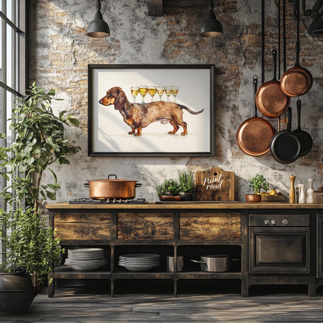 A whimsical watercolor painting featuring a dachshund proudly carrying a row of wine glasses on its… for kitchen