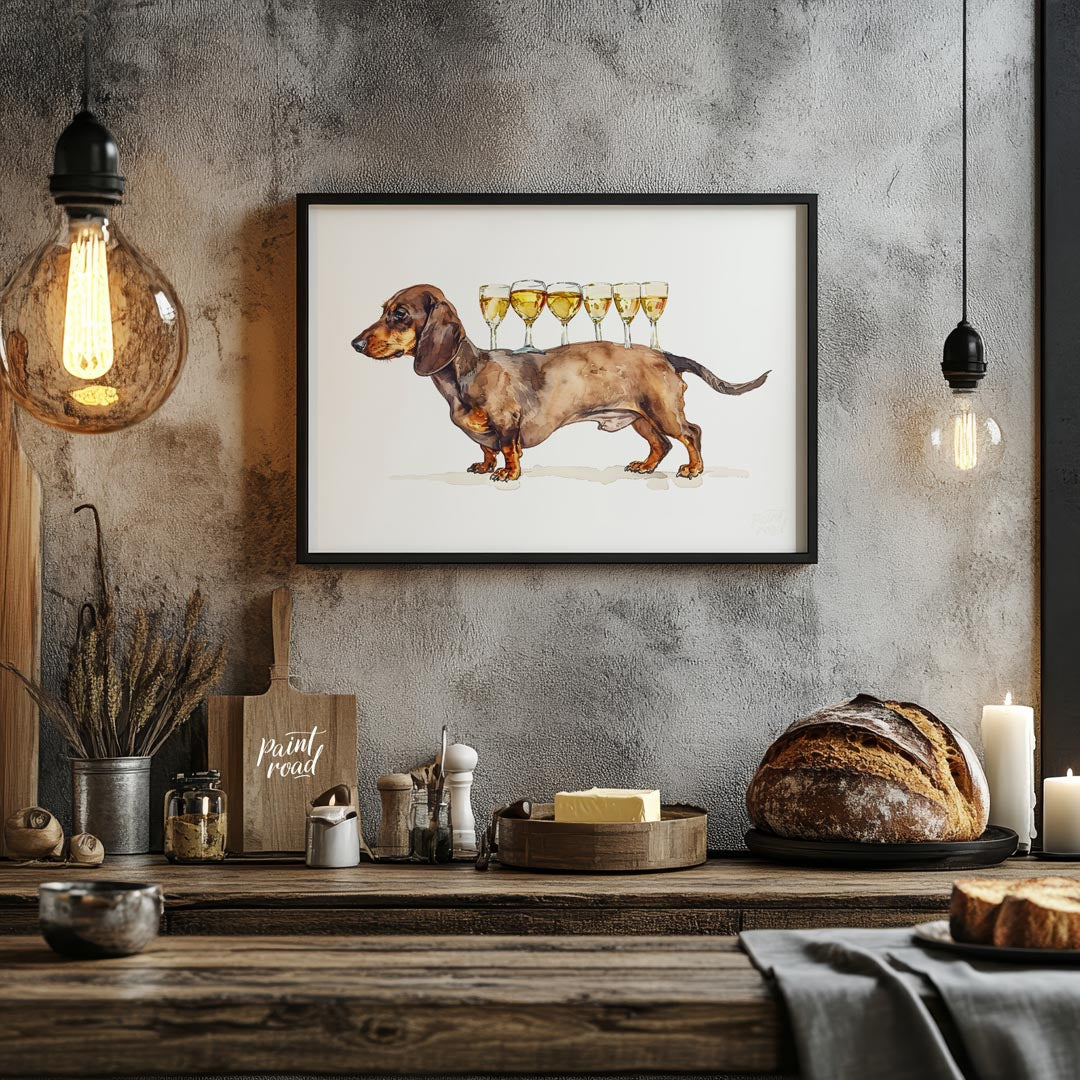 A whimsical watercolor painting featuring a dachshund proudly carrying a row of wine glasses on its… for kitchen