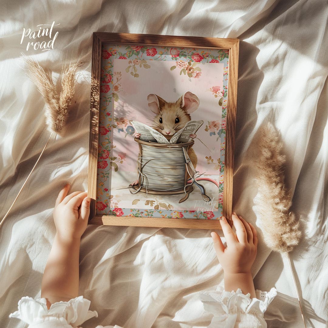 This endearing artwork captures a tiny mouse seated cozily inside a beige spool of thread, deeply i… for nursery
