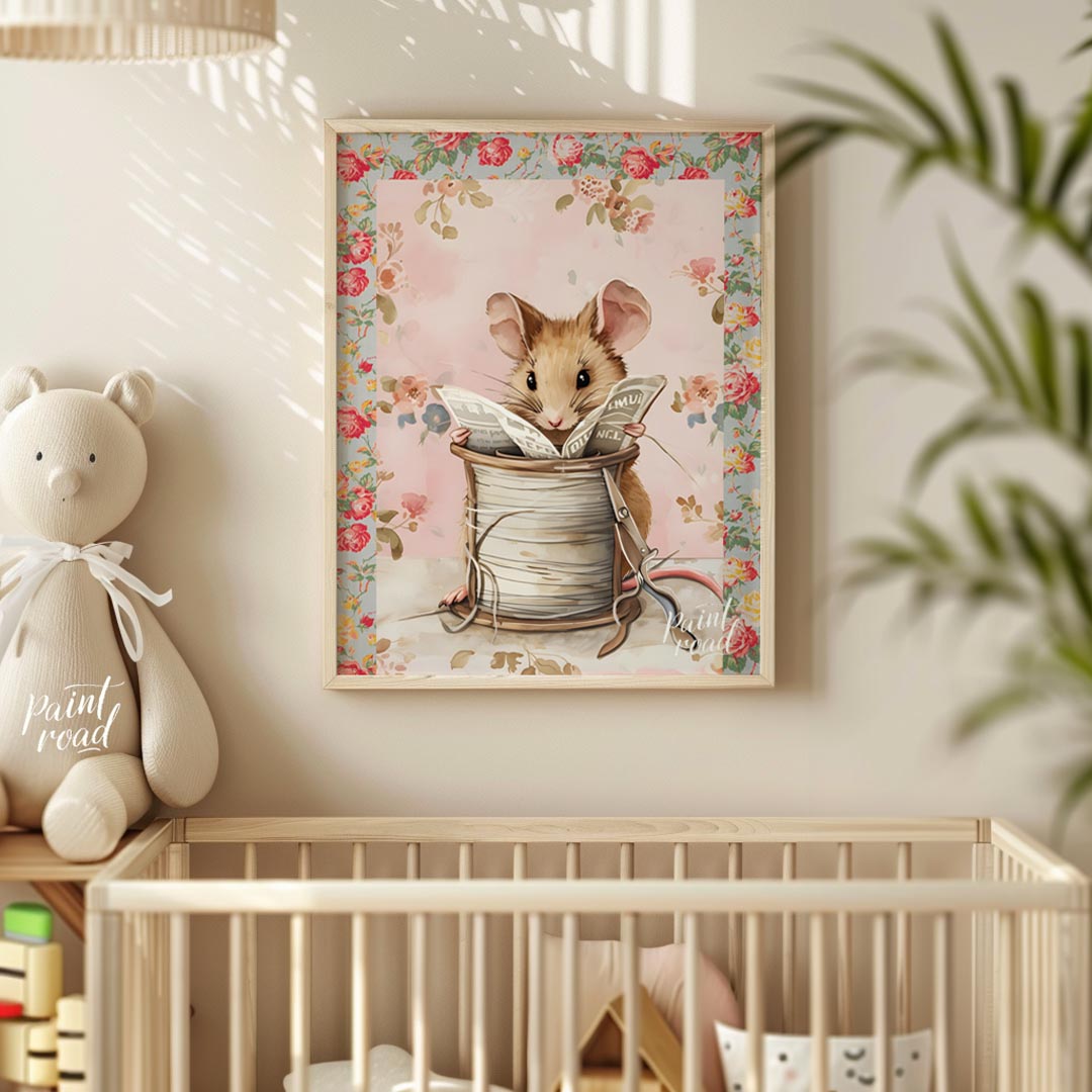 This endearing artwork captures a tiny mouse seated cozily inside a beige spool of thread, deeply i… for nursery