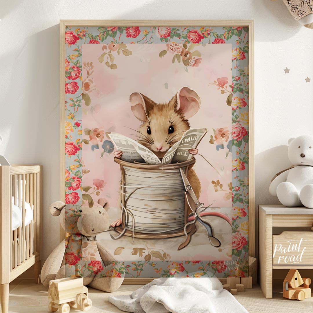 This endearing artwork captures a tiny mouse seated cozily inside a beige spool of thread, deeply i… for nursery