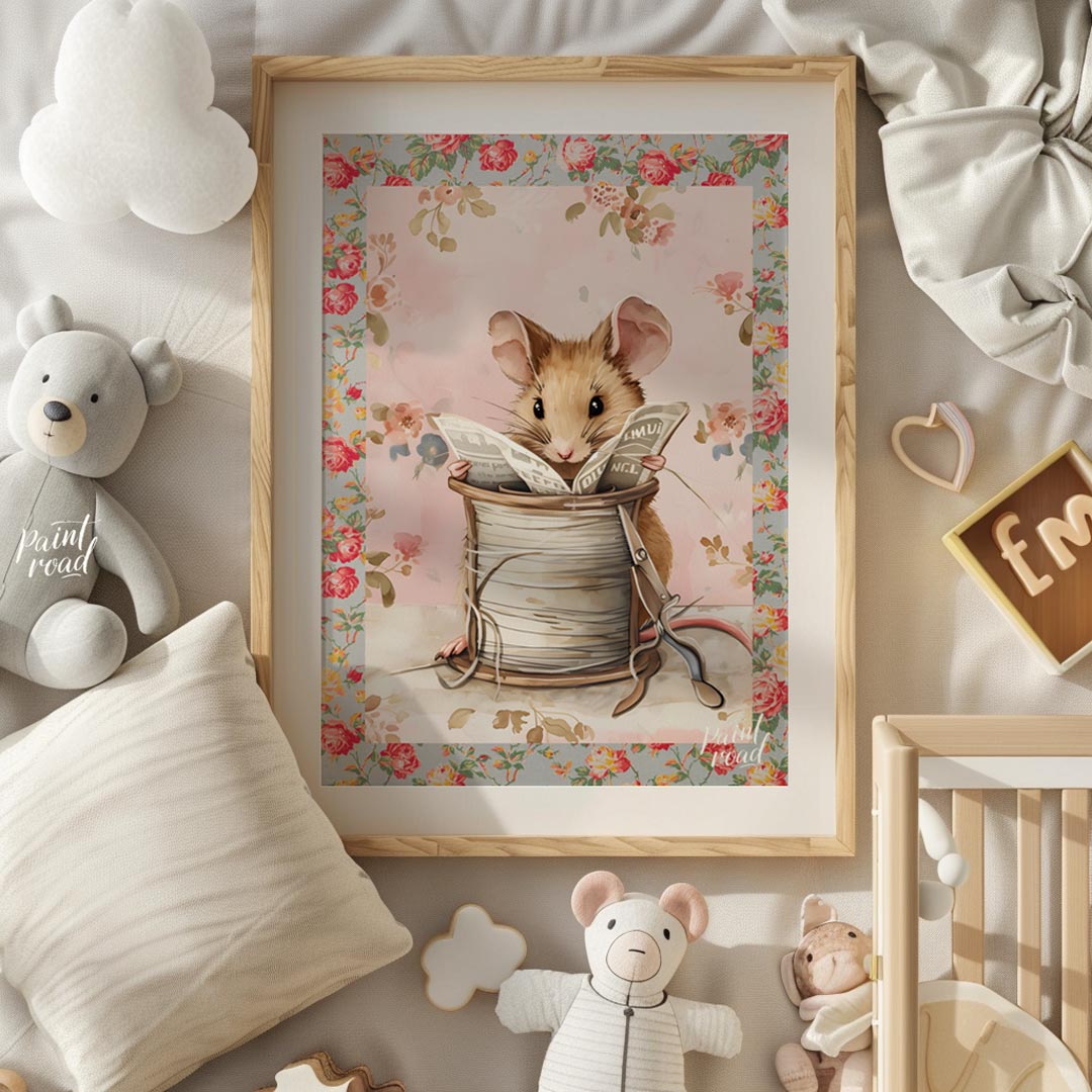 This endearing artwork captures a tiny mouse seated cozily inside a beige spool of thread, deeply i… for nursery