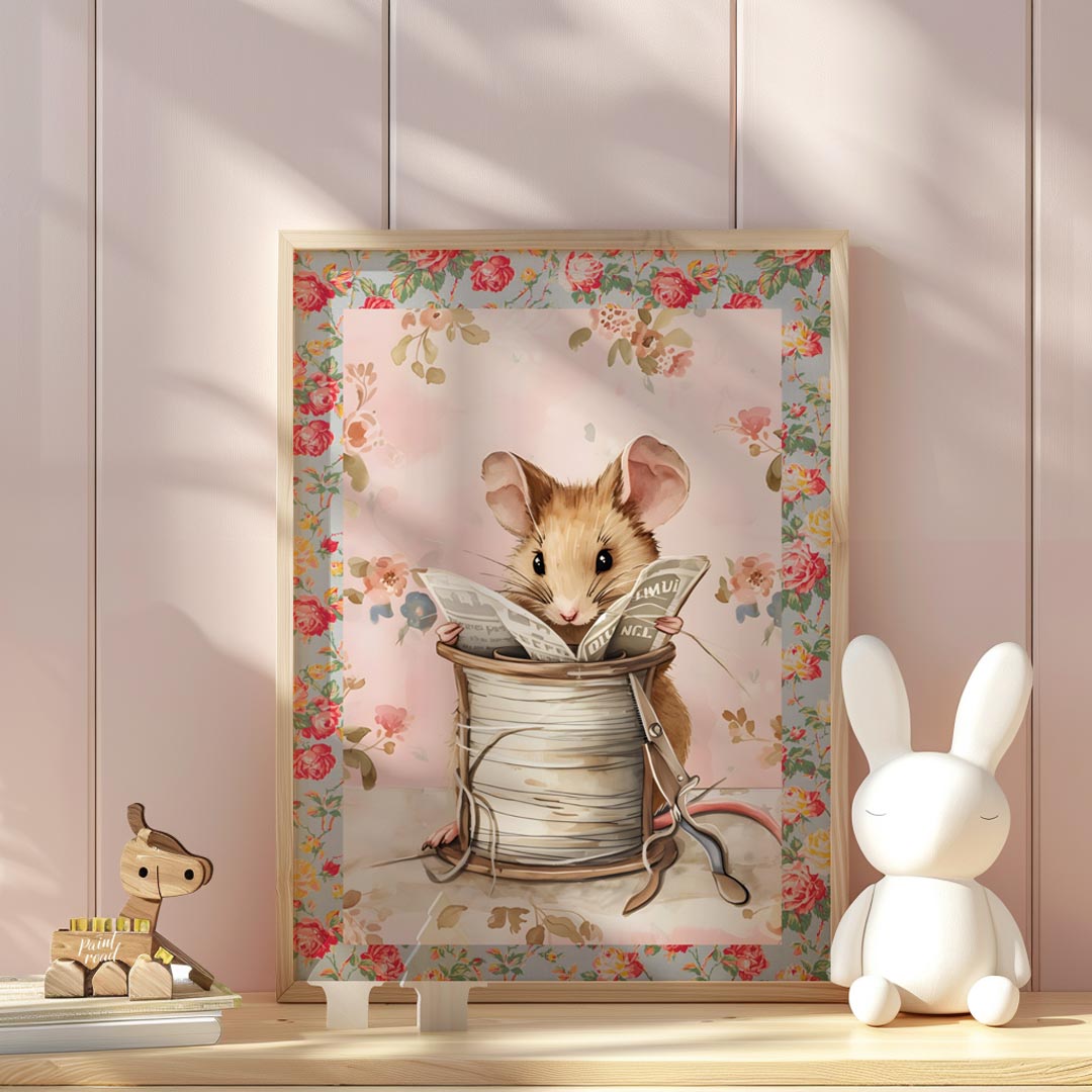 This endearing artwork captures a tiny mouse seated cozily inside a beige spool of thread, deeply i… for nursery