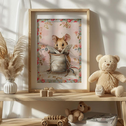 This endearing artwork captures a tiny mouse seated cozily inside a beige spool of thread, deeply i… for nursery