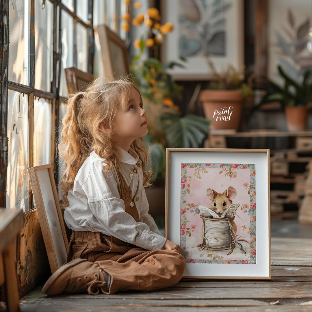 This endearing artwork captures a tiny mouse seated cozily inside a beige spool of thread, deeply i… for other