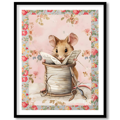 This endearing artwork captures a tiny mouse seated cozily inside a beige spool of thread, deeply i… for room
