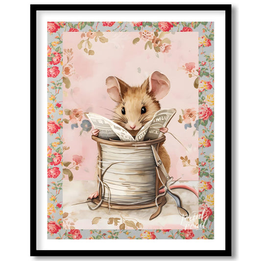 This endearing artwork captures a tiny mouse seated cozily inside a beige spool of thread, deeply i… for room