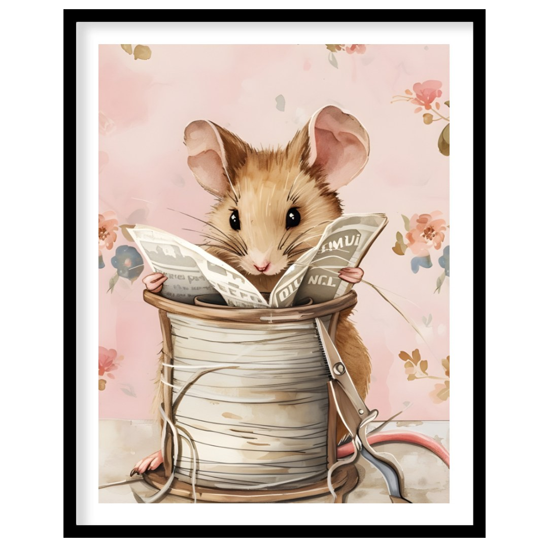 This endearing artwork captures a tiny mouse seated cozily inside a beige spool of thread, deeply i… for room