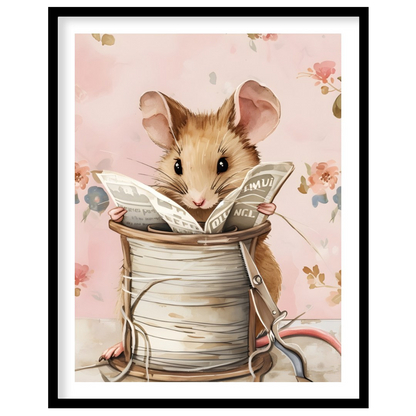 This endearing artwork captures a tiny mouse seated cozily inside a beige spool of thread, deeply i… for room