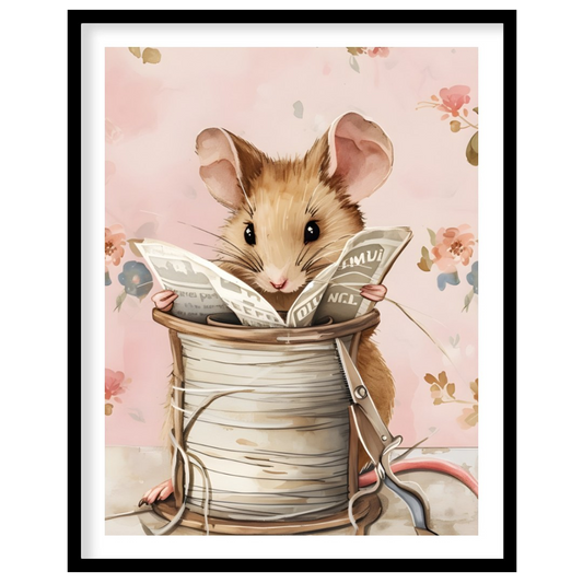 This endearing artwork captures a tiny mouse seated cozily inside a beige spool of thread, deeply i… for room
