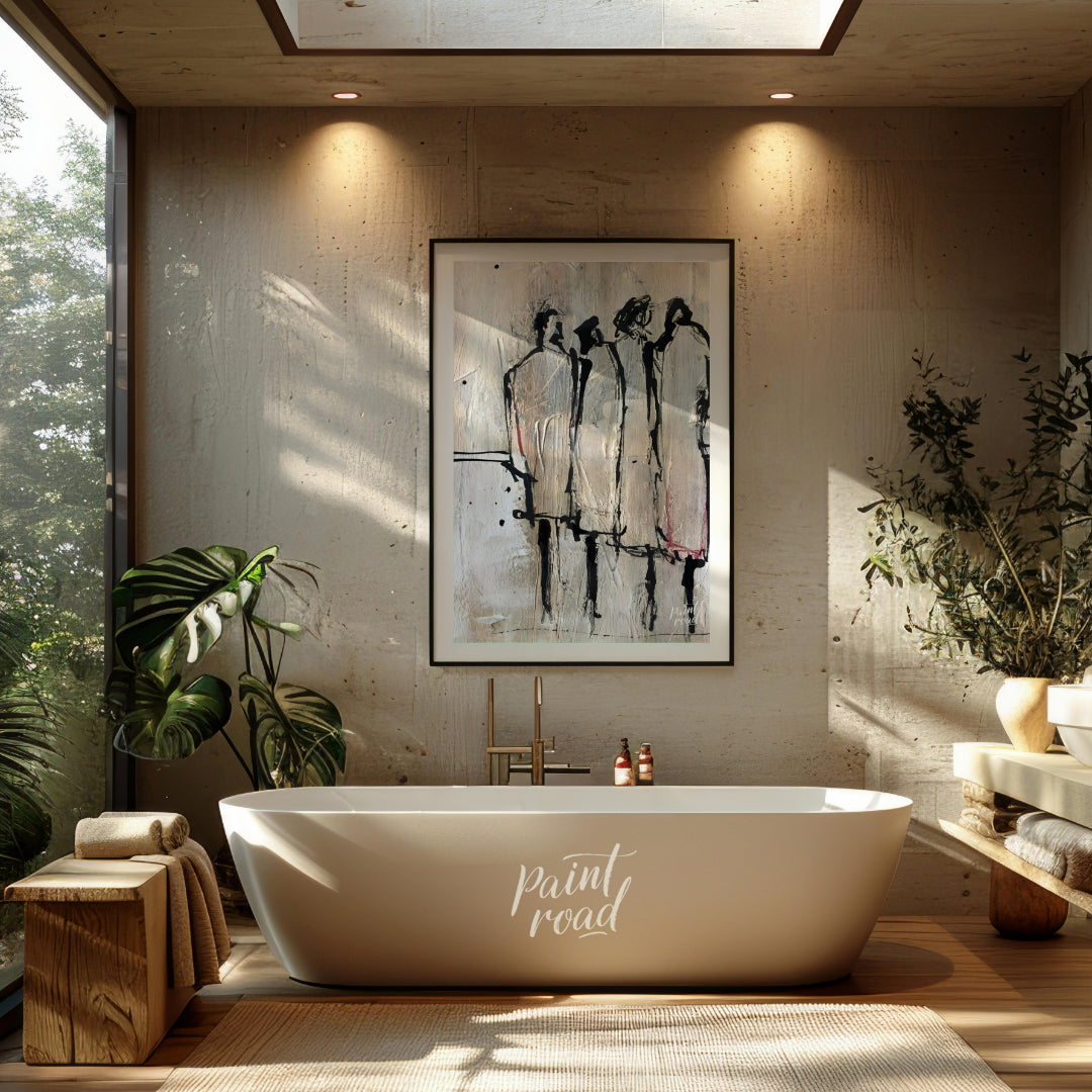 """Three Figures"" presents a minimalist yet expressive portrayal of three individuals rendered wit… for bathroom