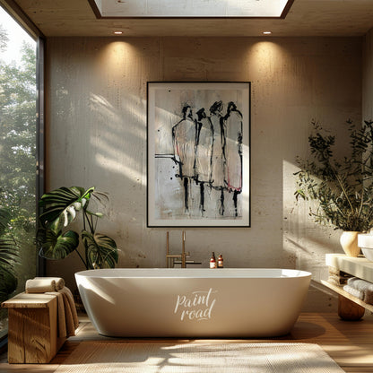 """Three Figures"" presents a minimalist yet expressive portrayal of three individuals rendered wit… for bathroom