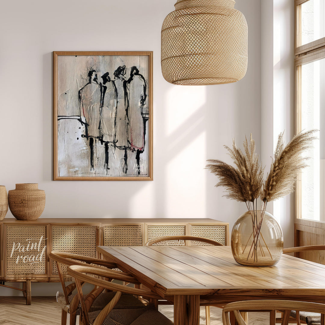"""Three Figures"" presents a minimalist yet expressive portrayal of three individuals rendered wit… for dining room