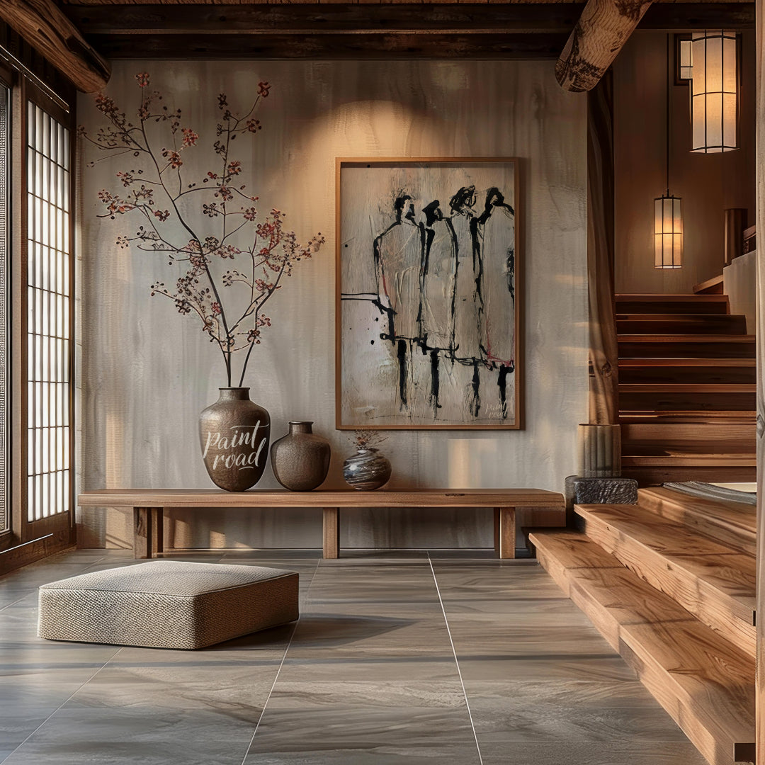"""Three Figures"" presents a minimalist yet expressive portrayal of three individuals rendered wit… for entryway