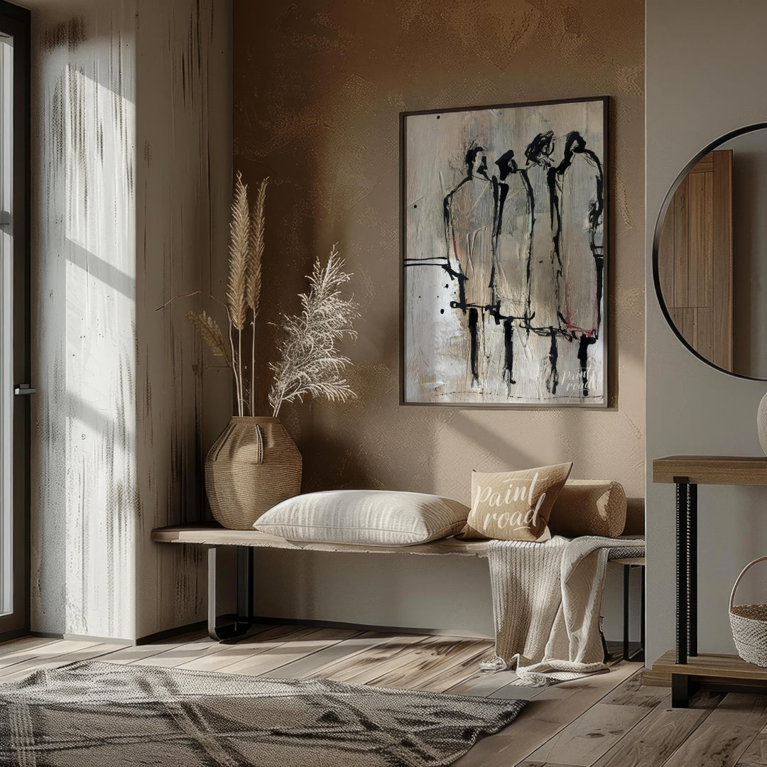 """Three Figures"" presents a minimalist yet expressive portrayal of three individuals rendered wit… for entryway