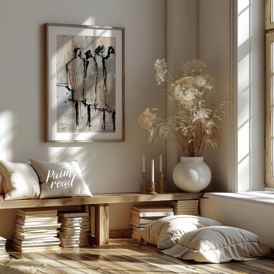 """Three Figures"" presents a minimalist yet expressive portrayal of three individuals rendered wit… for living room