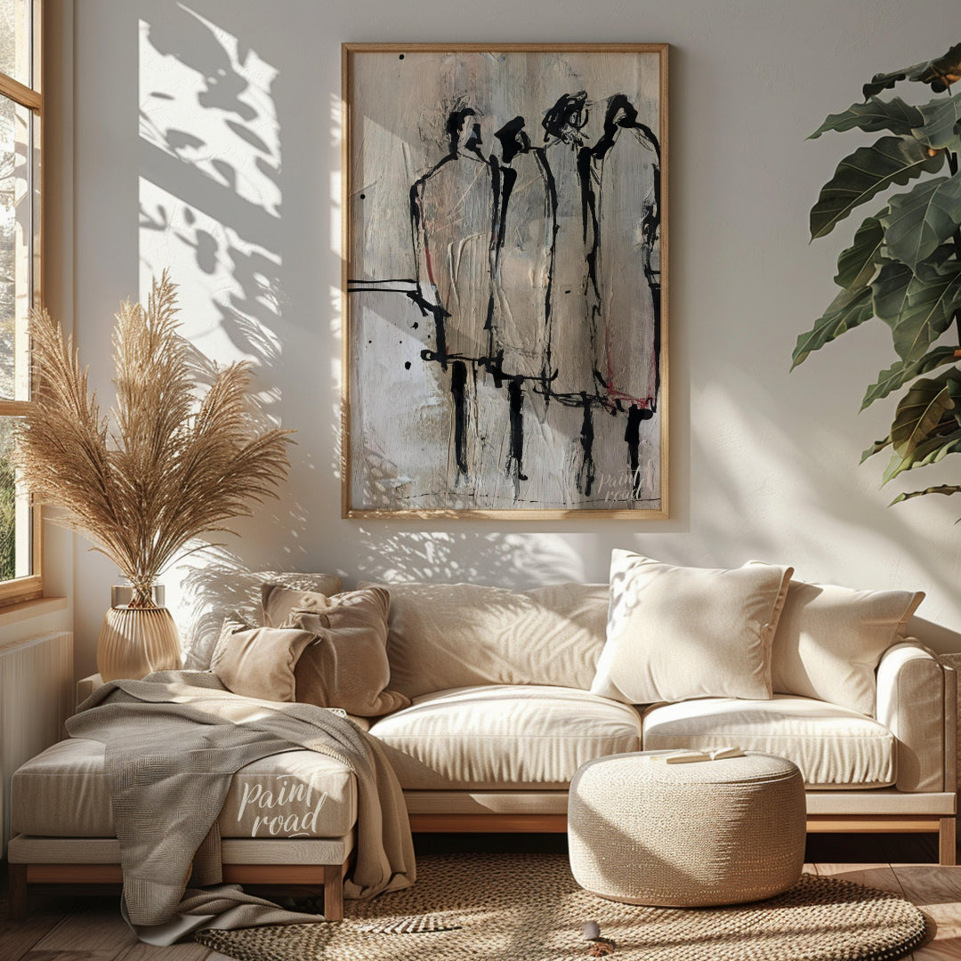 """Three Figures"" presents a minimalist yet expressive portrayal of three individuals rendered wit… for living room