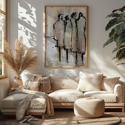 """Three Figures"" presents a minimalist yet expressive portrayal of three individuals rendered wit… for living room