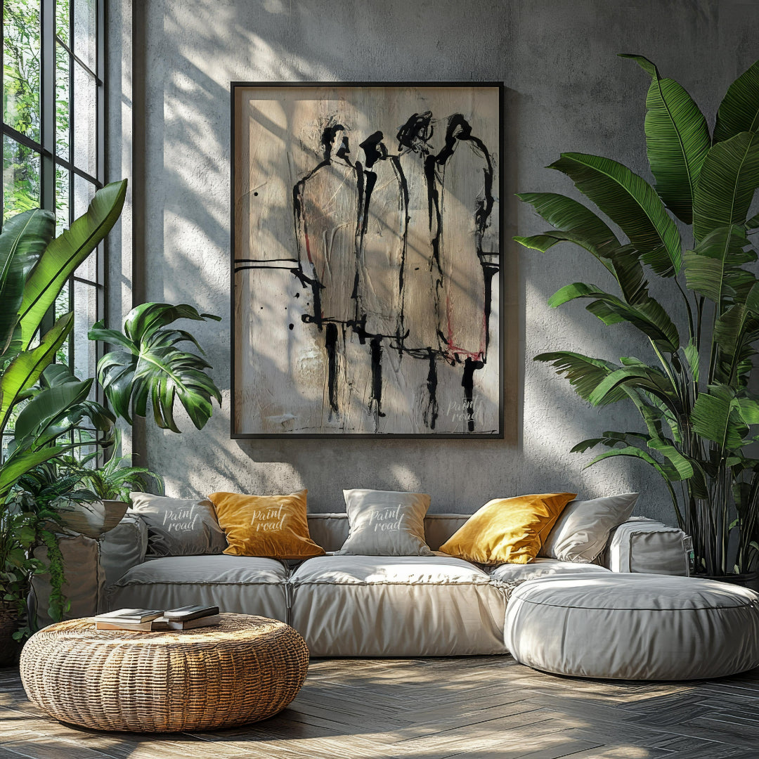 """Three Figures"" presents a minimalist yet expressive portrayal of three individuals rendered wit… for living room