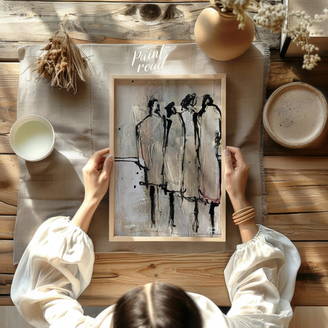 """Three Figures"" presents a minimalist yet expressive portrayal of three individuals rendered wit… for other