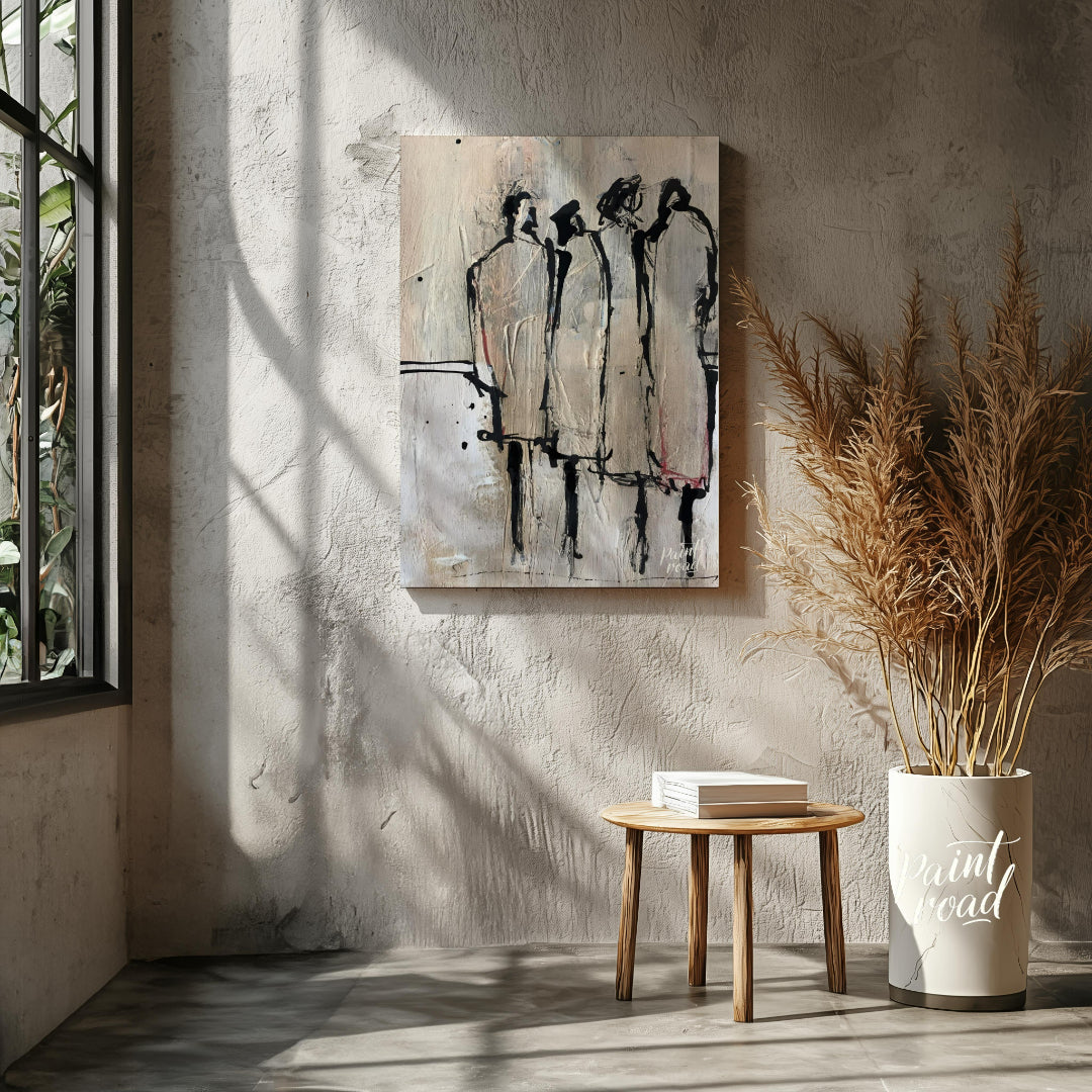 """Three Figures"" presents a minimalist yet expressive portrayal of three individuals rendered wit… for other