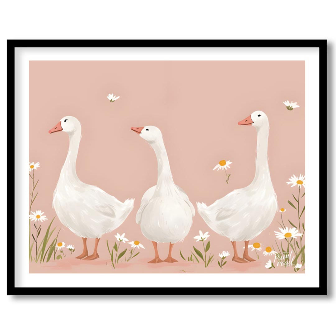 This charming and idyllic poster features three graceful white geese standing amidst a field of del… for lovely house