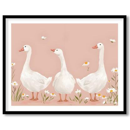 This charming and idyllic poster features three graceful white geese standing amidst a field of del… for lovely house