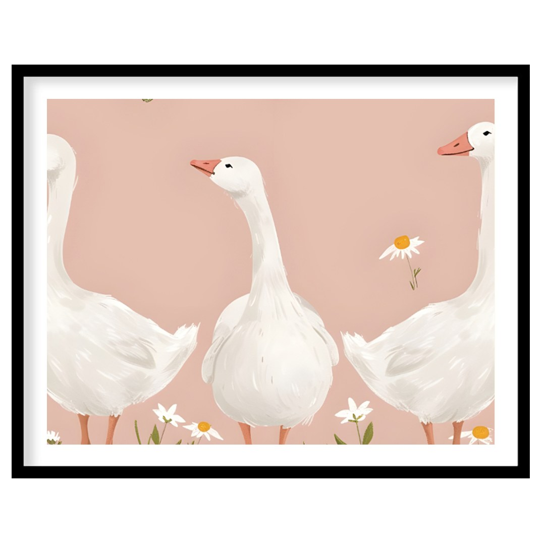 This charming and idyllic poster features three graceful white geese standing amidst a field of del… for lovely house