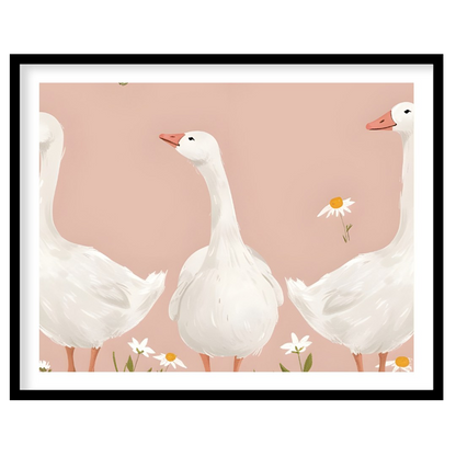 This charming and idyllic poster features three graceful white geese standing amidst a field of del… for lovely house