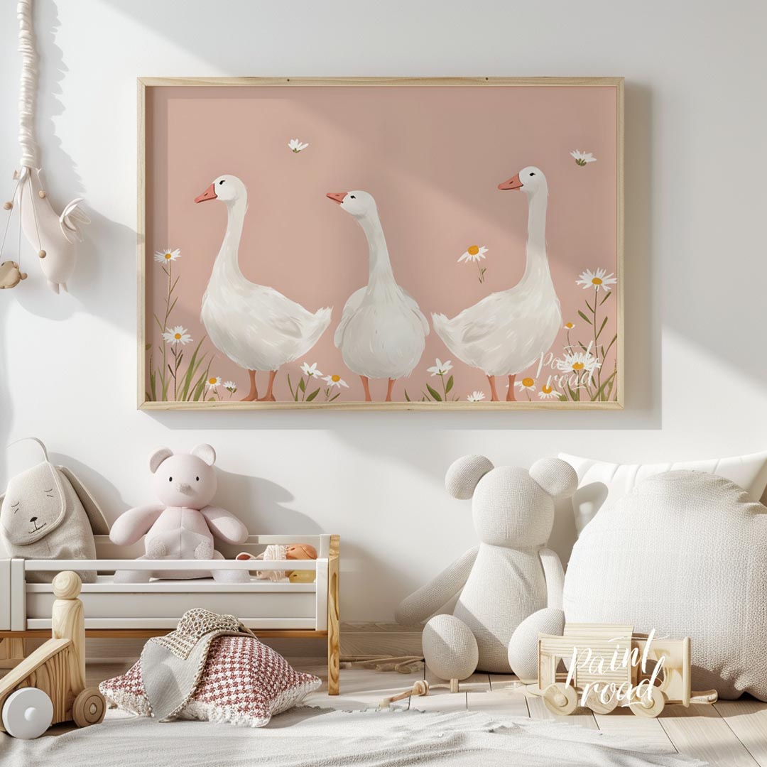This charming and idyllic poster features three graceful white geese standing amidst a field of del… for nursery