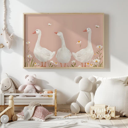 This charming and idyllic poster features three graceful white geese standing amidst a field of del… for nursery