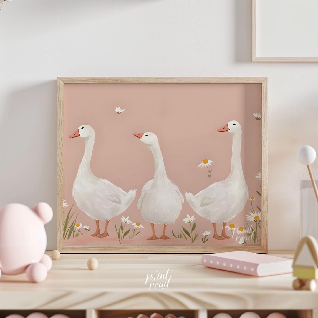 This charming and idyllic poster features three graceful white geese standing amidst a field of del… for nursery